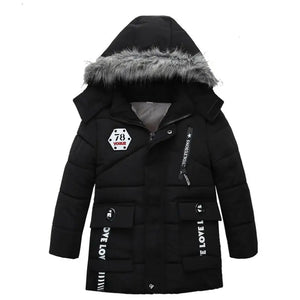 Black winter jacket with fur-lined hood on a white background