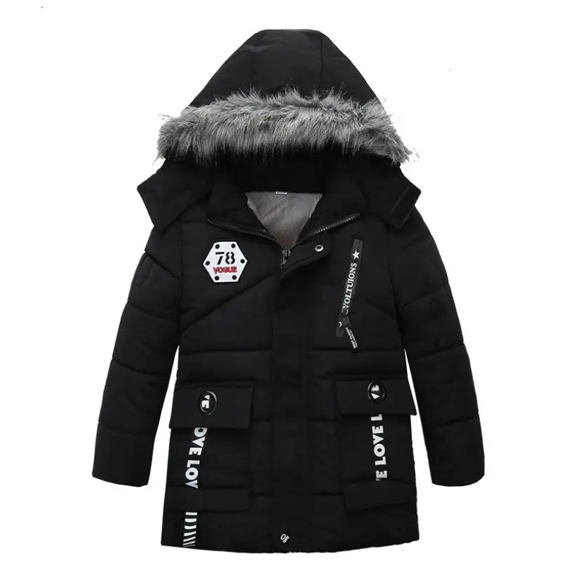 Black winter jacket with fur-lined hood on a white background