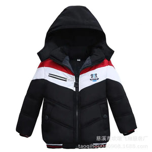 Black hooded jacket with red and white accents on a white background