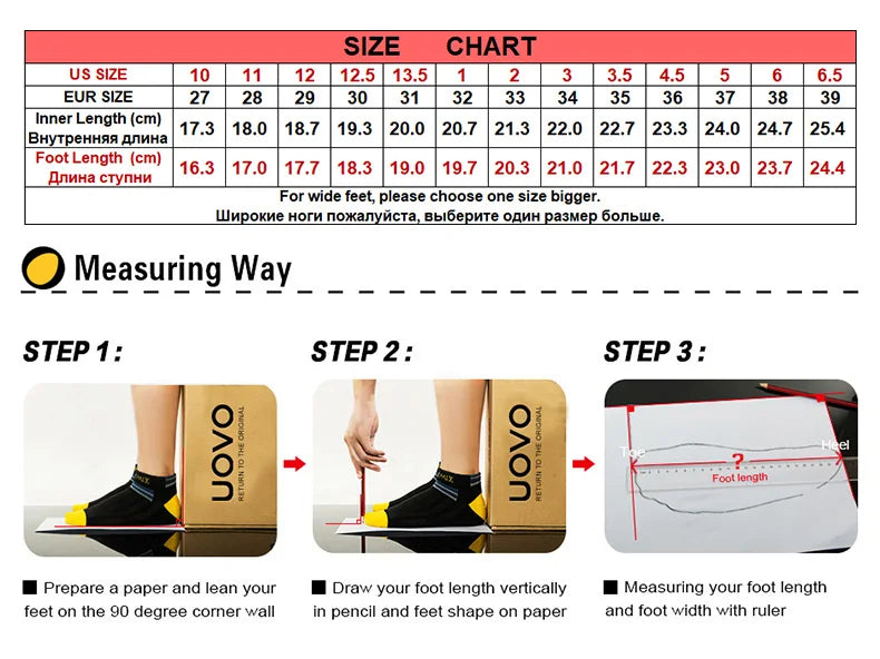 Measurement chart and steps for measuring foot size with UOVO branding.