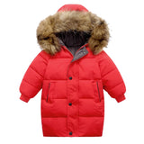 Red children's puffer jacket with fur-lined hood on a white background