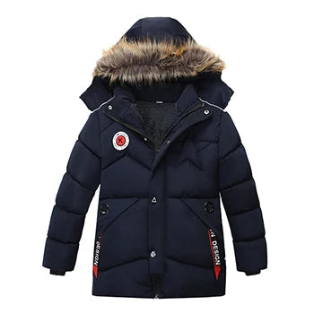 Dark blue winter jacket with fur-lined hood on a white background