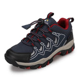 Blue and red athletic shoe with branding on a white background