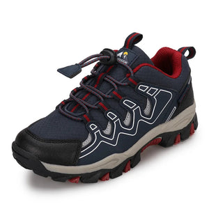 Blue and red athletic shoe with branding on a white background