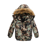 Camouflage-patterned jacket with fur-lined hood on a white background