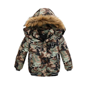 Camouflage-patterned jacket with fur-lined hood on a white background