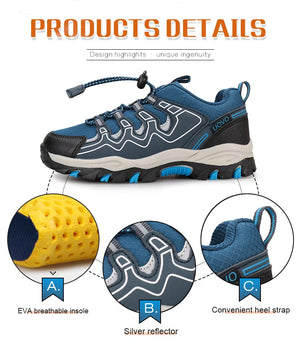 Blue athletic shoe with design details highlighted on a white background