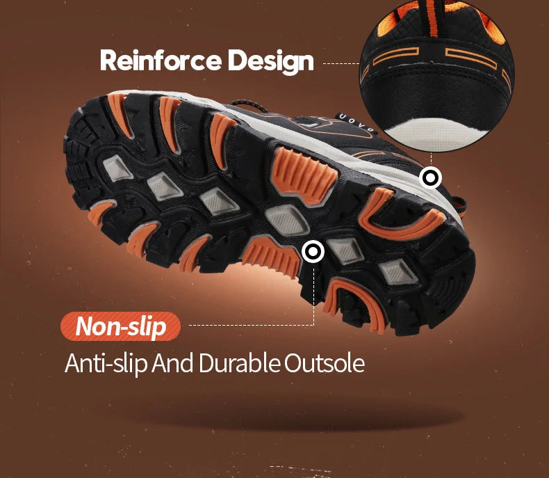Close-up of a shoe with non-slip outsole design on a brown background