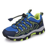Blue and green hiking shoe with branding on a white background
