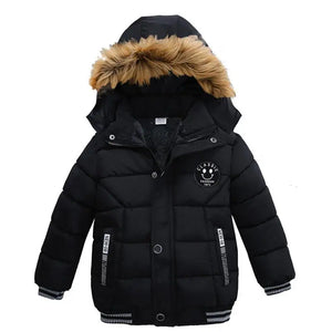 Black winter jacket with fur-lined hood on a white background