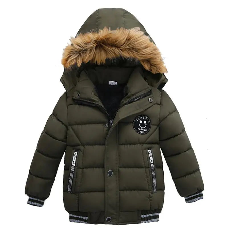 Green winter jacket with fur-lined hood on a white background