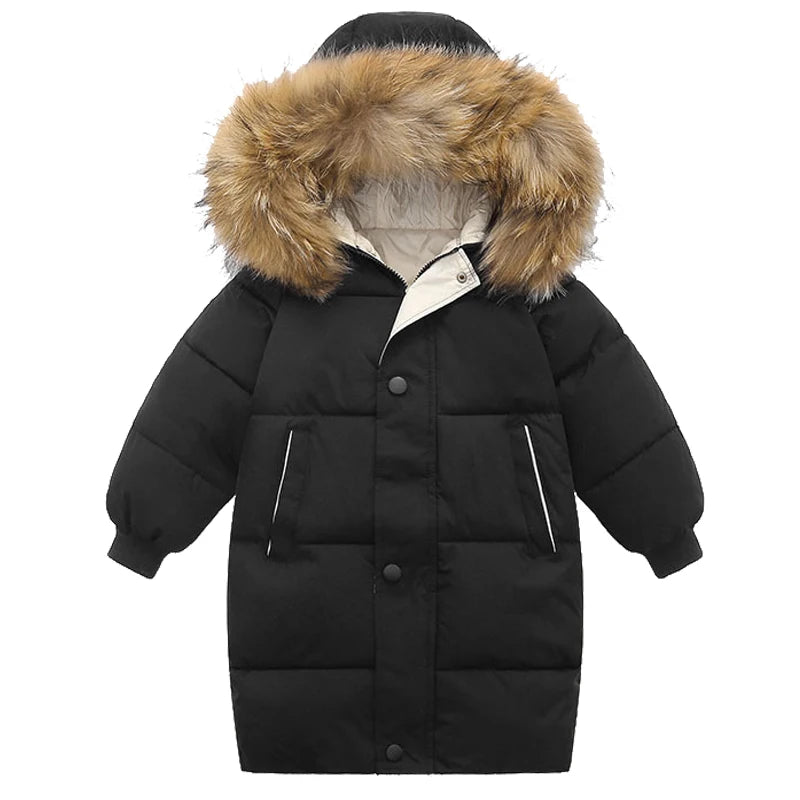 Black winter coat with fur-lined hood on a white background
