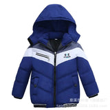 Blue children's winter jacket with a hood on a white background