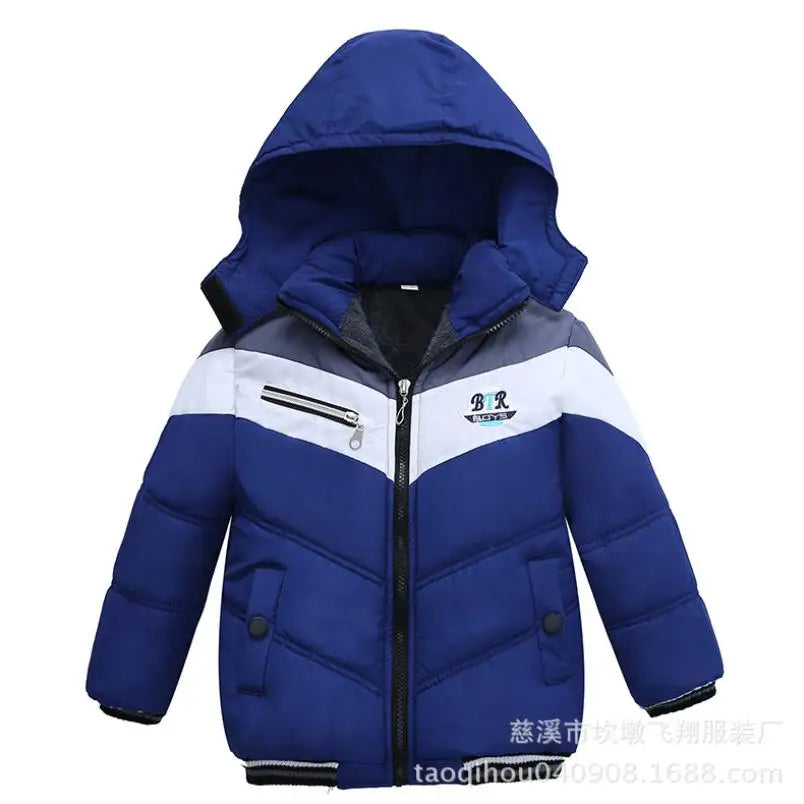Blue children's winter jacket with a hood on a white background