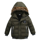 Green children's puffer jacket with fur-lined hood on a white background