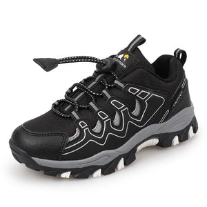 Black and gray hiking shoe branding on a white background