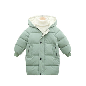 Light green puffer jacket with a hood on a white background