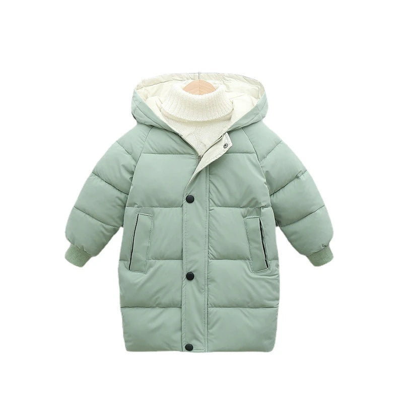 Light green puffer jacket with a hood on a white background