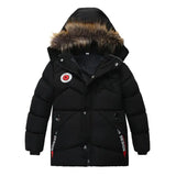 Black winter jacket with fur-lined hood on a white background