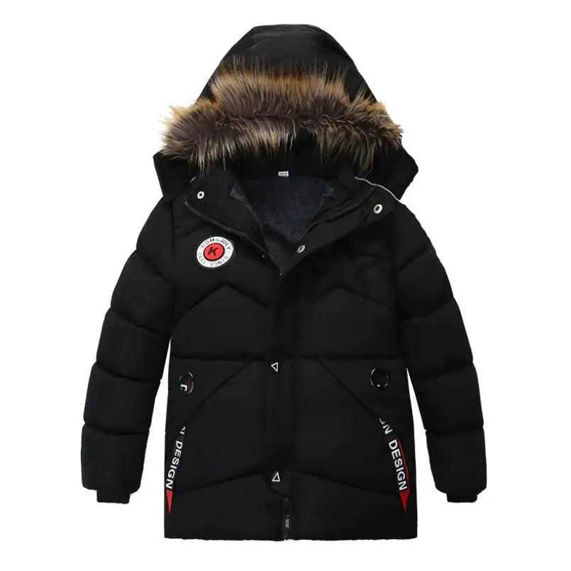 Black winter jacket with fur-lined hood on a white background