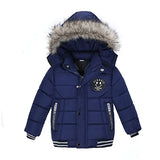 Blue children's winter coat with fur hood on a white background