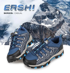 Blue outdoor shoes with mountainous background and 'ERSHI' branding