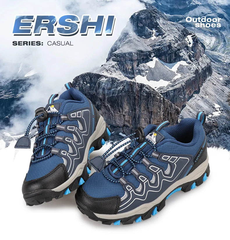 Blue outdoor shoes with mountainous background and 'ERSHI' branding
