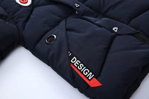 Navy blue jacket with 'DIY DESIGN' text on a white background