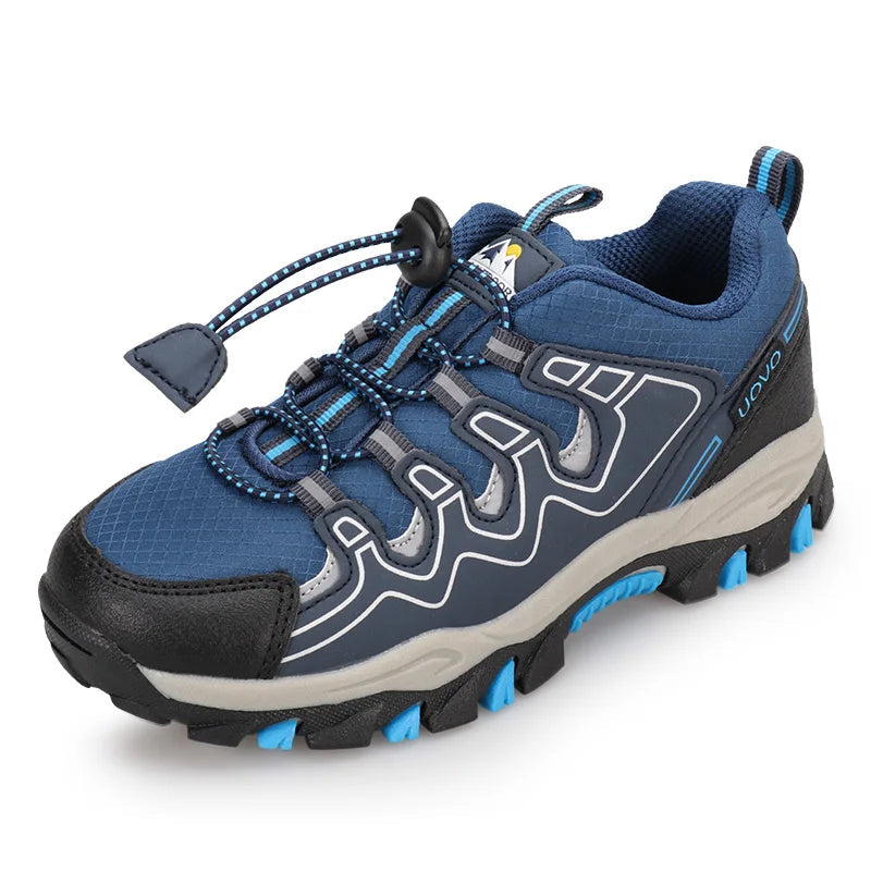 Blue and gray sneaker with branding on a white background