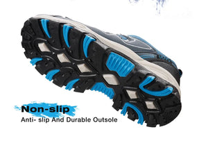 Close-up of a shoe sole with blue non-slip grooves on a white background