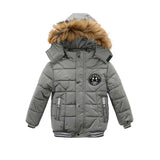 Gray children's winter jacket with fur-lined hood on a white background