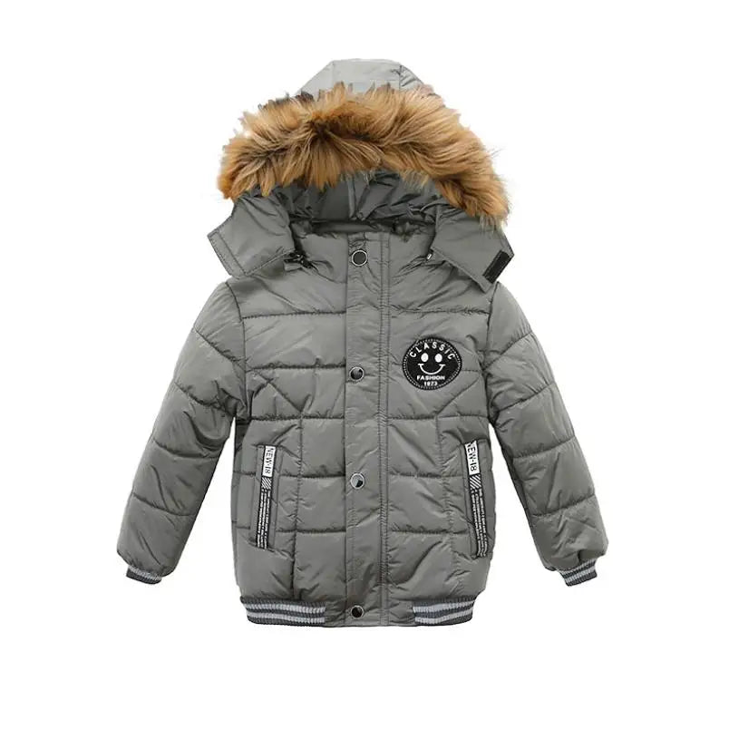 Gray children's winter jacket with fur-lined hood on a white background