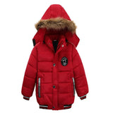 Red puffer jacket with fur-lined hood on a white background