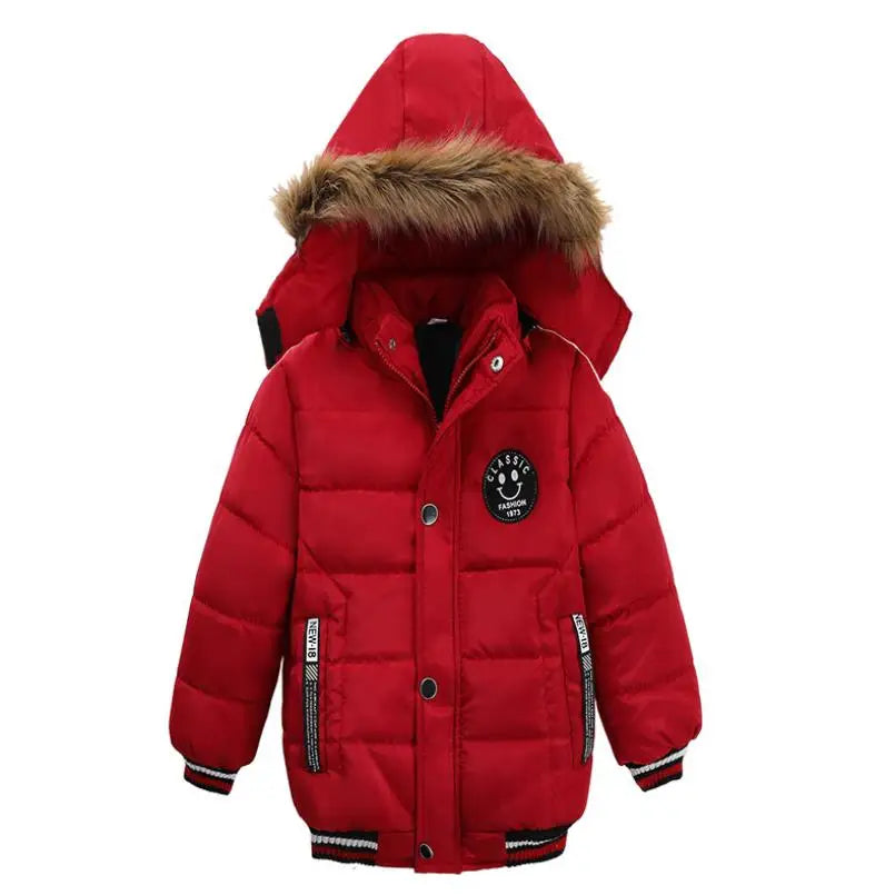 Red puffer jacket with fur-lined hood on a white background