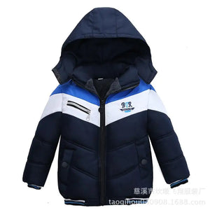 Children's hooded jacket with blue and white design on a white background