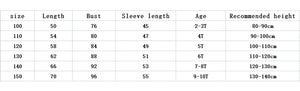 Table showing clothing size chart with dimensions and recommended heights.