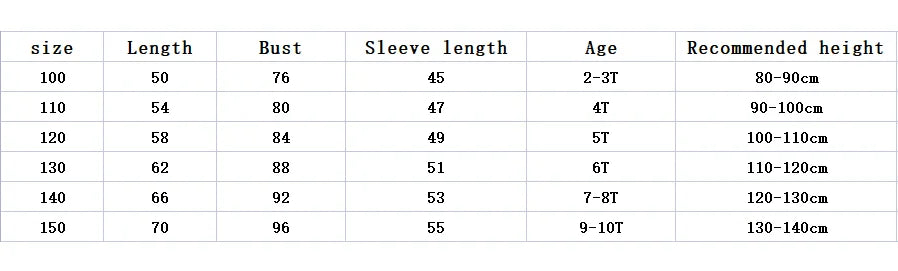Table showing clothing size chart with dimensions and recommended heights.