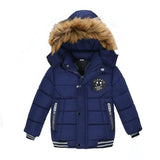 Blue children's winter jacket with fur-lined hood on a white background
