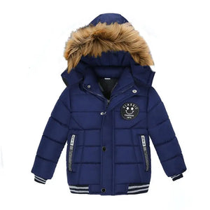Blue children's winter jacket with fur-lined hood on a white background