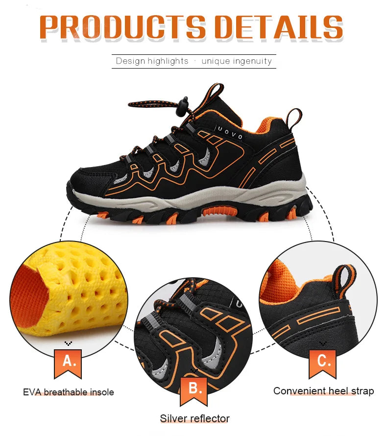 Black and orange hiking shoes with design highlights on a white background
