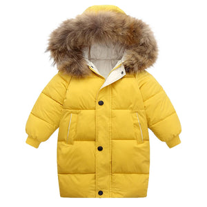 Yellow winter coat with fur-lined hood on a white background