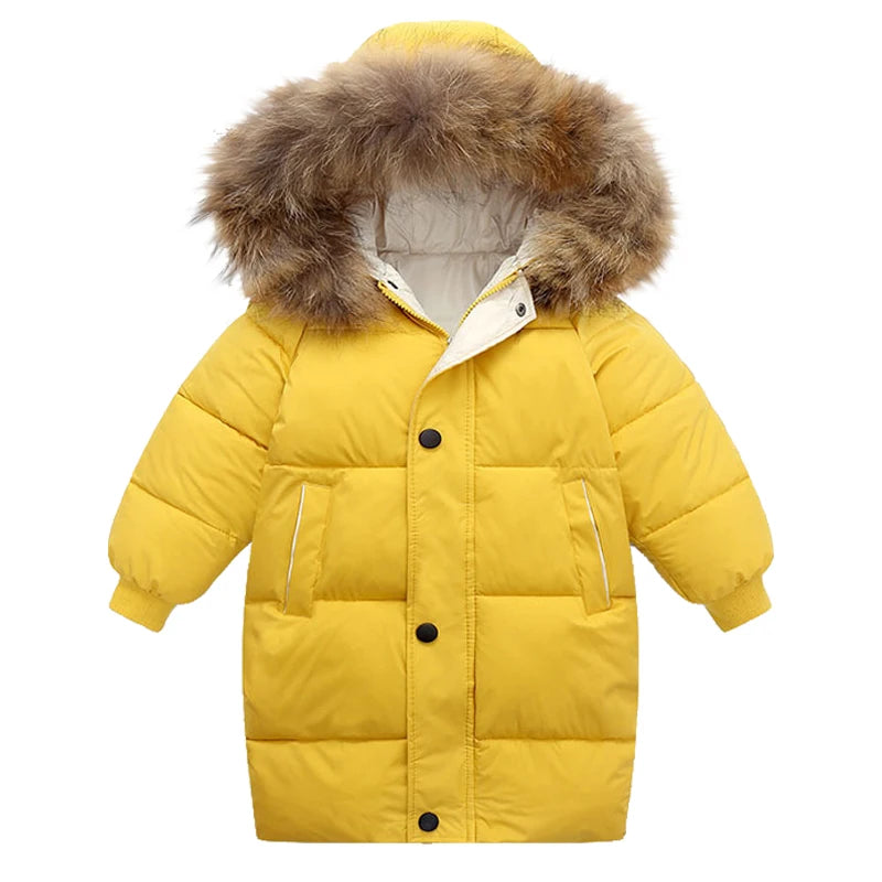 Yellow winter coat with fur-lined hood on a white background