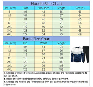Size chart for hoodie and pants with measurements in centimeters