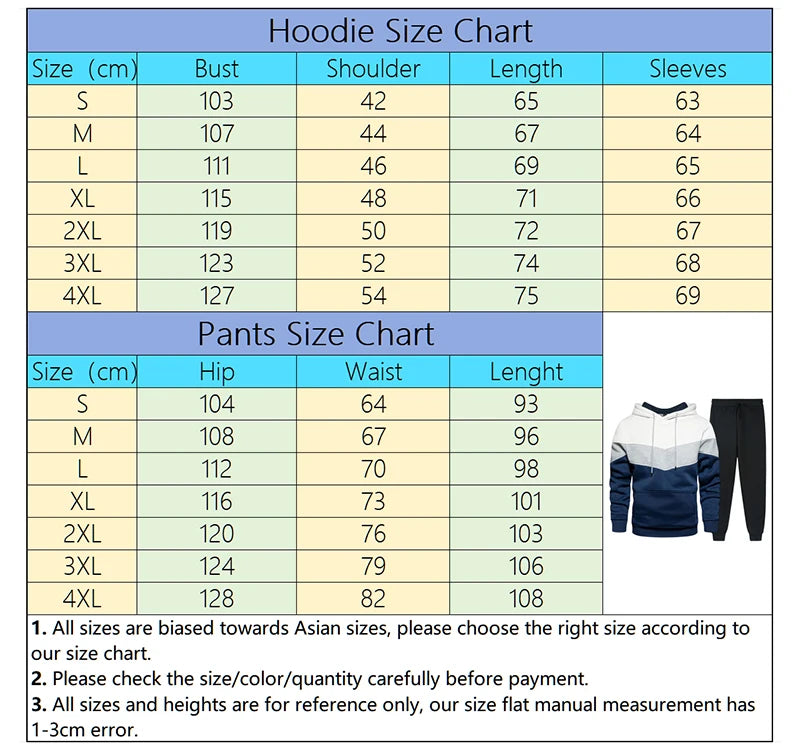Size chart for hoodie and pants with measurements in centimeters