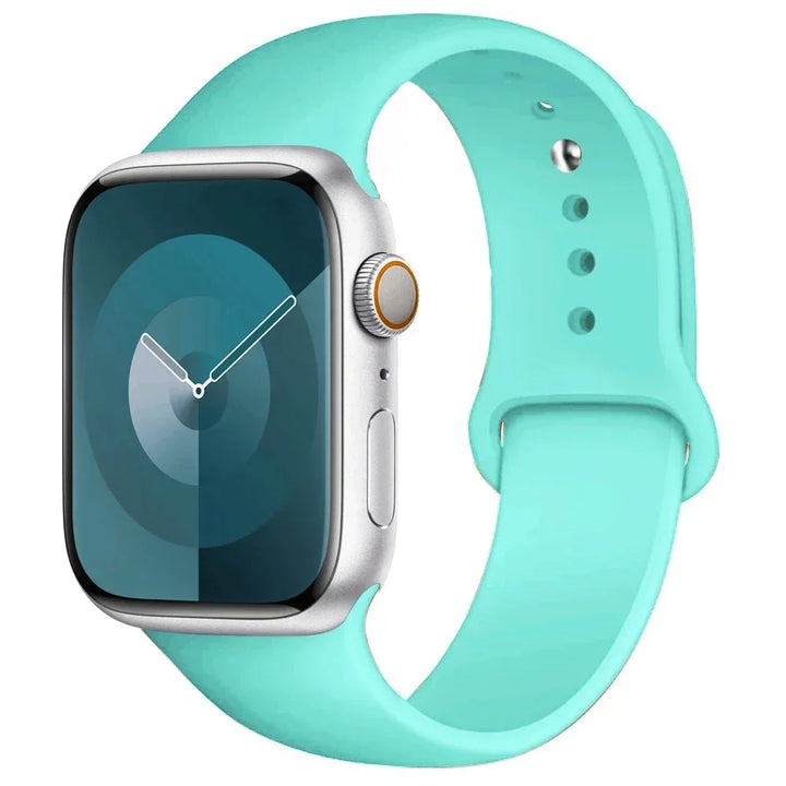 Silicone sport band for Apple Watch, compatible with Series 9/8/7/6/5/SE/Ultra, shown in vibrant colors.