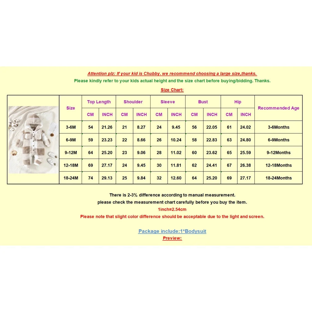 Size chart for children's clothing with measurements and recommended ages on a yellow background.
