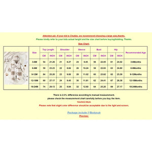 Size chart for children's clothing with measurements and recommended ages on a yellow background.