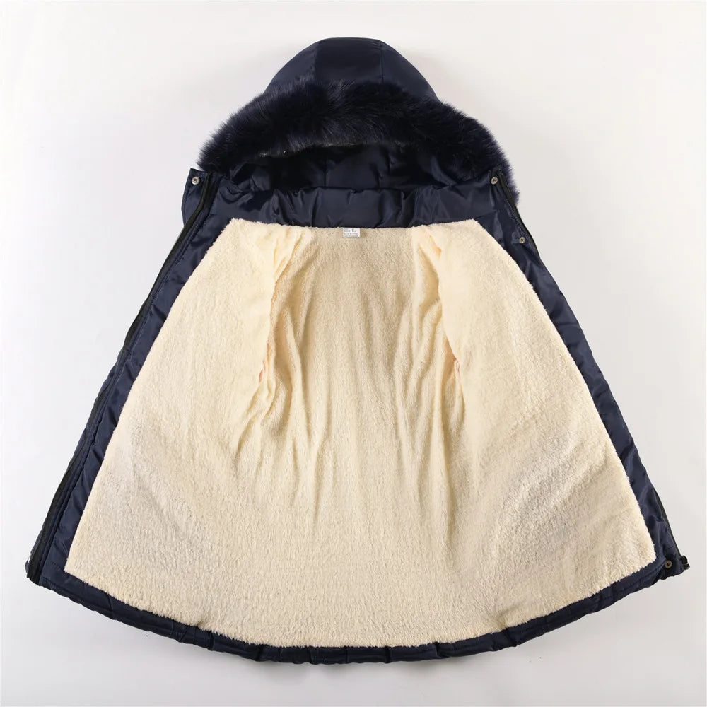 Navy and beige hooded coat on a white background