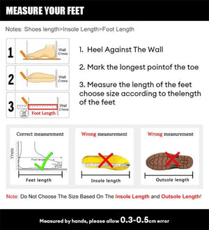 Instructions for measuring feet and choosing shoe sizes with illustrations and text.