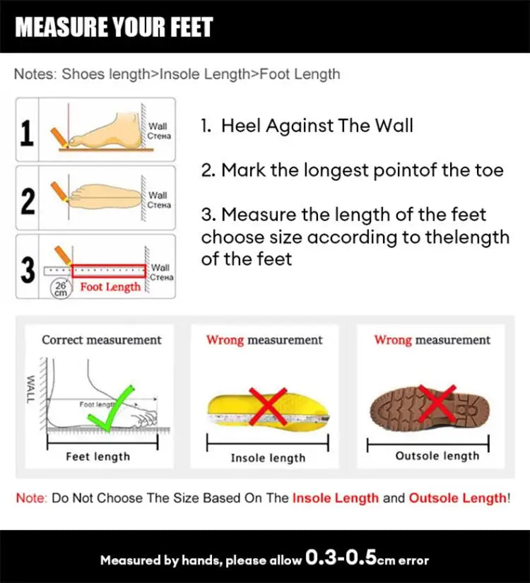 Instructions for measuring feet and choosing shoe sizes with illustrations and text.